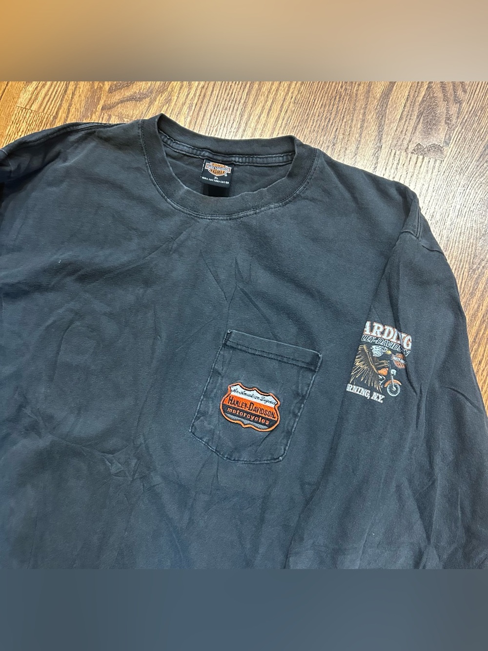 Vintage Faded Harley Davidson Harding Corning NY Long Sleeve Pocket Tee Sz XL